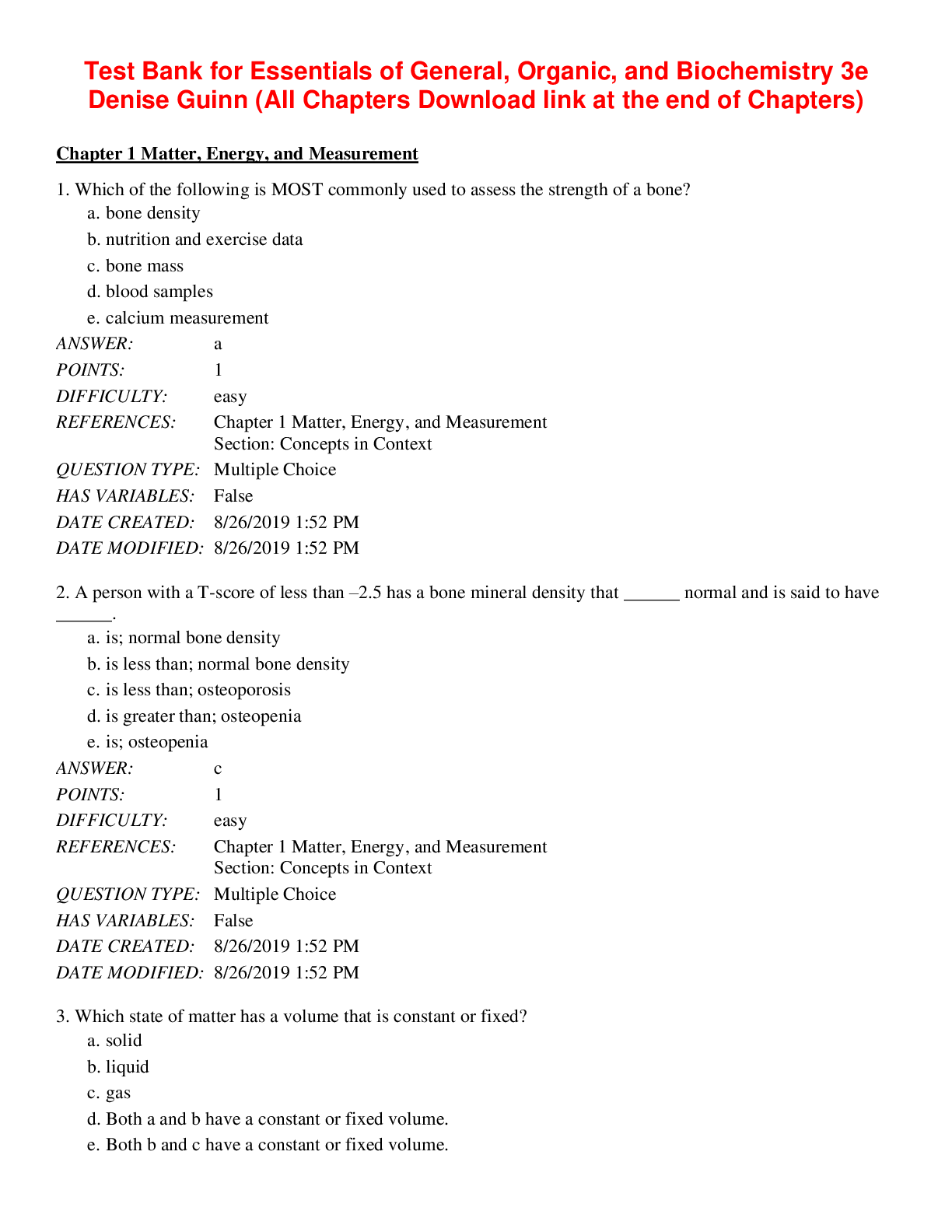Test Bank for Essentials of General, Organic, and Biochemistry 3rd Edition by Denise Guinn